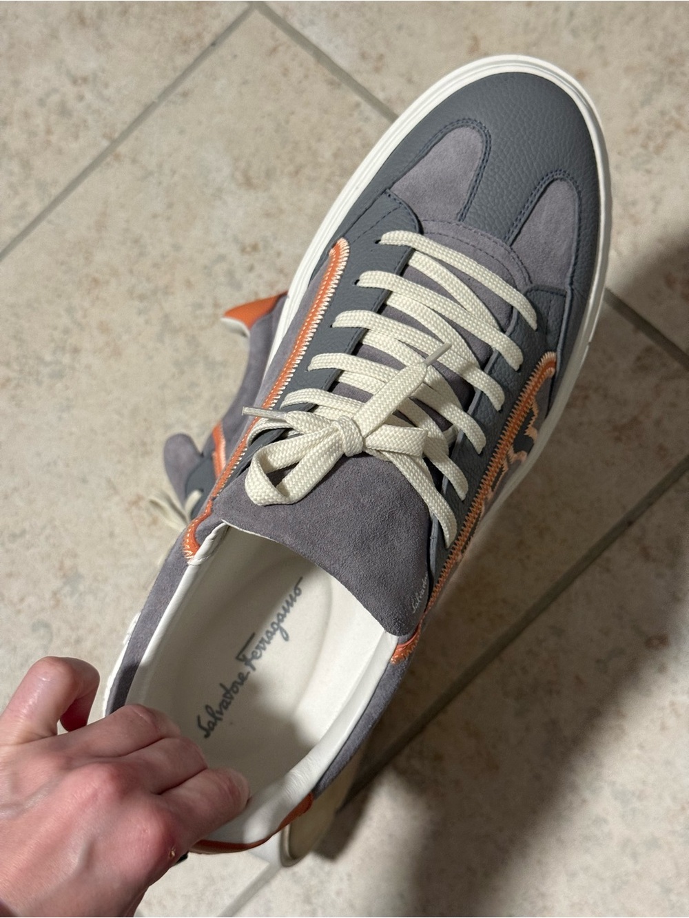 Salvatore Ferragamo Gray and Orange Suede Low-Top Sneakers - Picture 3 of 5